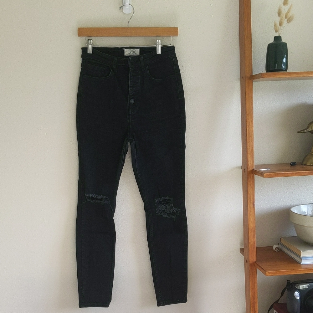 We The Free Black Button Fly Busted Knee Distressed Jeans - Sz 28